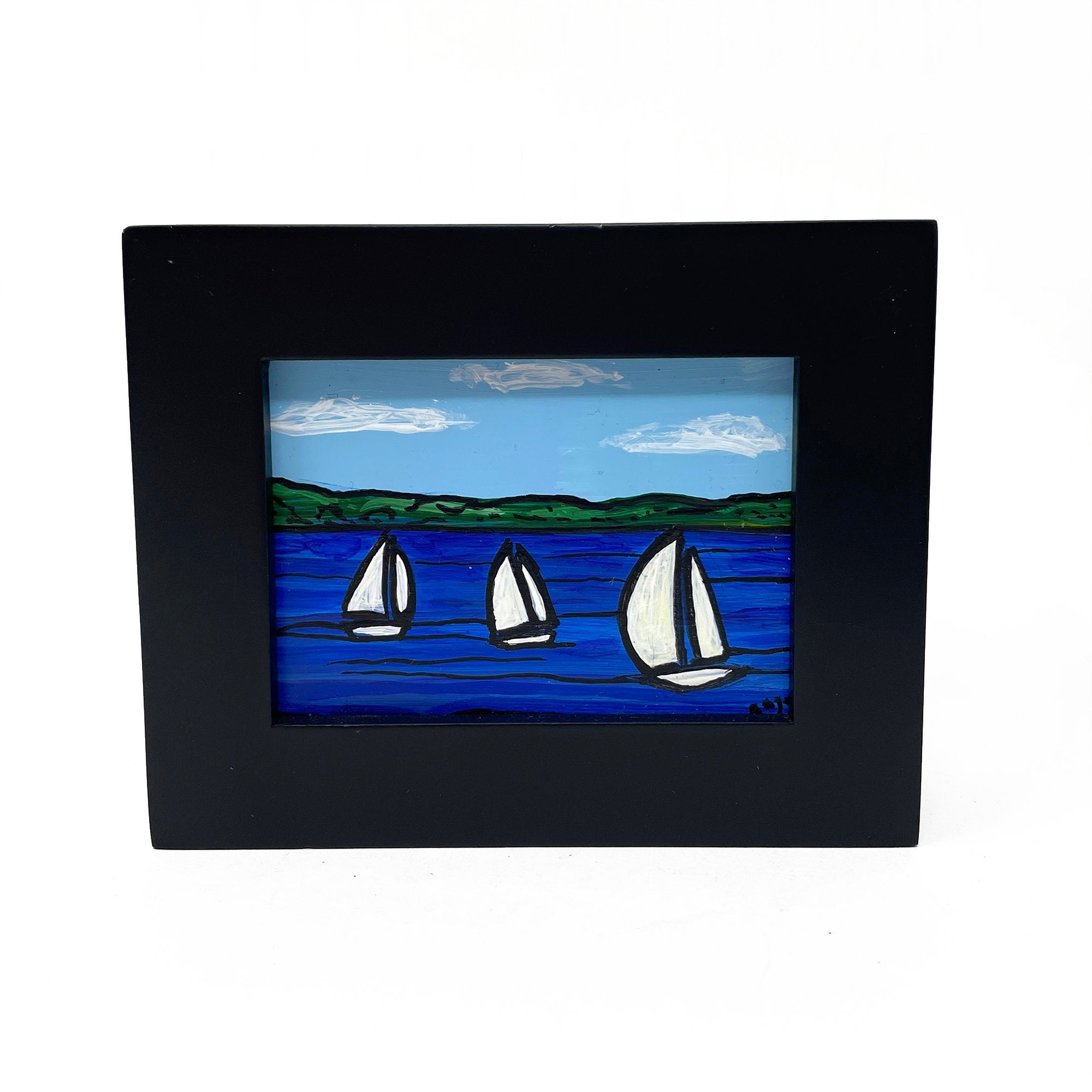 Small Framed Sailboat Painting - Original Sailing Art for Desk, Bookshelf or Wall - Nautical Decor by Claudine Intner