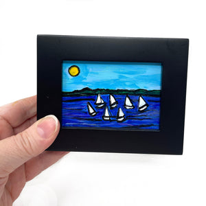 Small Sailboat Regatta Painting - Original Framed Nautical Art - Sailboat Race, Seascape, Bayscape