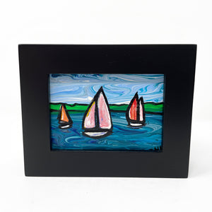 Mini Sailboat Painting in Black Frame - Small Chesapeake Bay Inspired Bayscape, Seascape - ACEO Painting