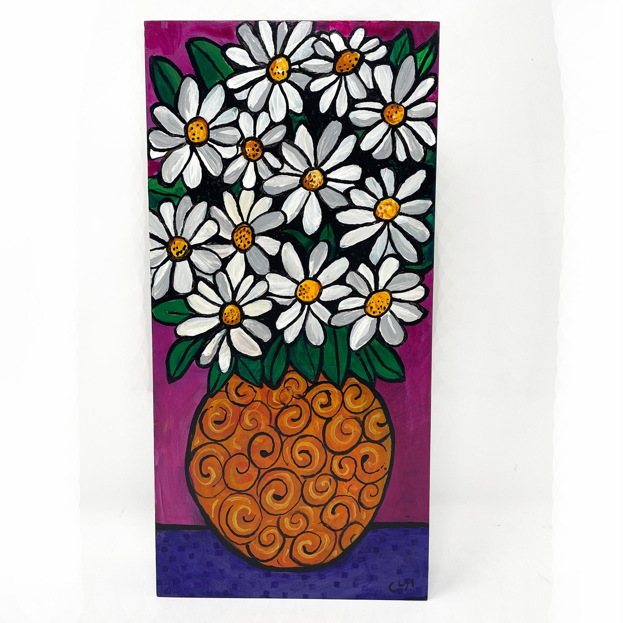 Whimsical Daisy Still Life Painting - Original Flower Art - Cheerful Happy Floral Art - Bold Colors - 6x12 Inches