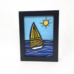 Navy Sailboat Painting - Original Nautical Art - 5x7 Inch Framed Sail Boat Painting - Annapolis, Maryland - Blue and Yellow Gold Sails