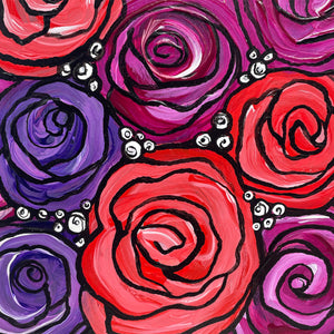 Whimsical Rose Painting - Original Floral Still Life Art - Vase of Roses - Cheerful Happy Flowers - Bold Colors - 6x12 Inches