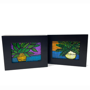 Pair of Mini Original Plant Paintings - Instant Collection for Wall, Desk, Shelf - Colorful Small Framed Art Set