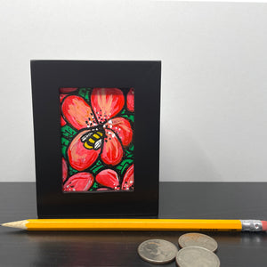 Mini Bee Painting - Honeybee on Azalea Flower Art - Small Framed Bumblebee Art for Desk, Table, Bookshelf, or Wall