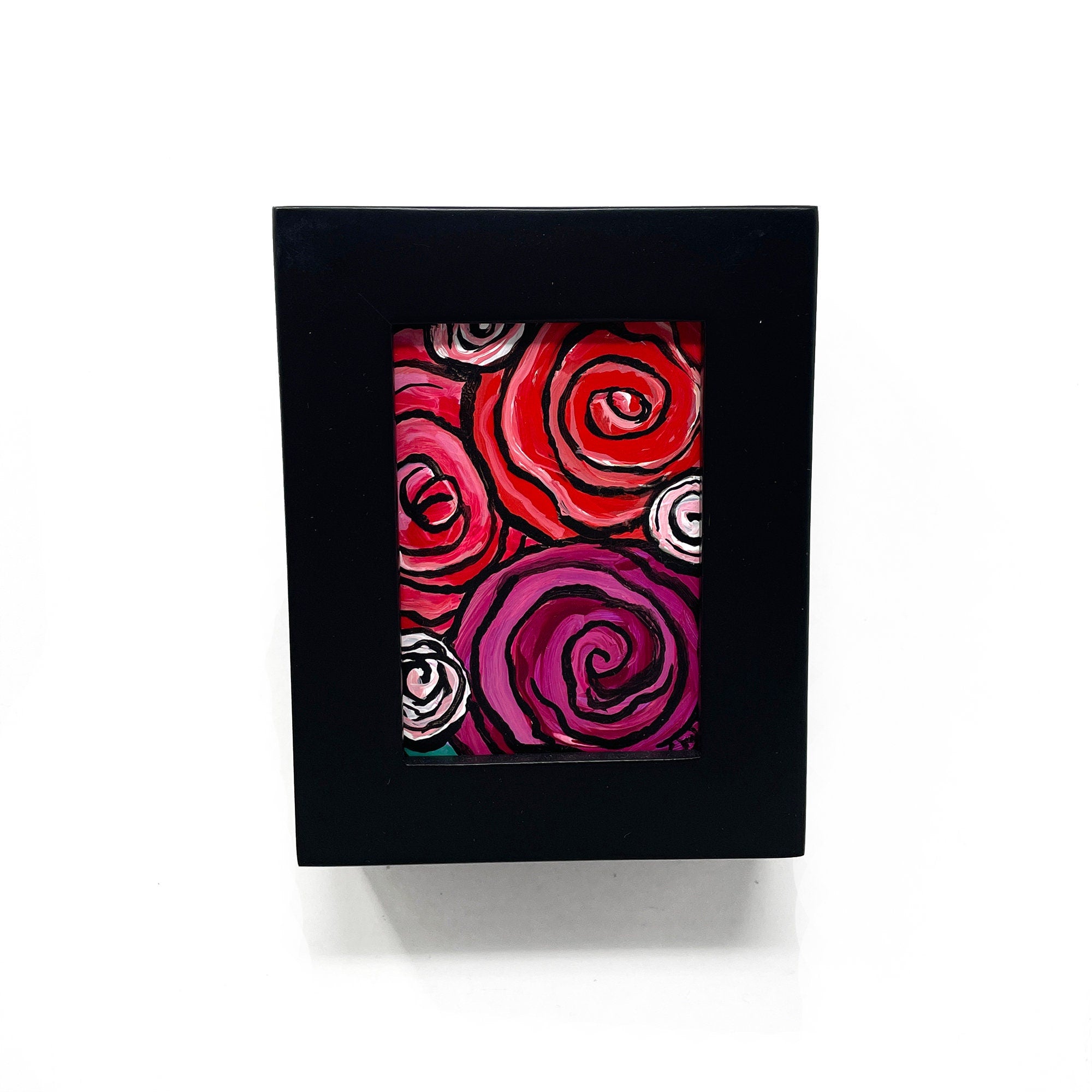 Tiny Rose Painting - Pink, Red, and Magenta Roses - Framed Flower Art for Desk, Bookshelf, Wall - Mini Abstract Rose Art