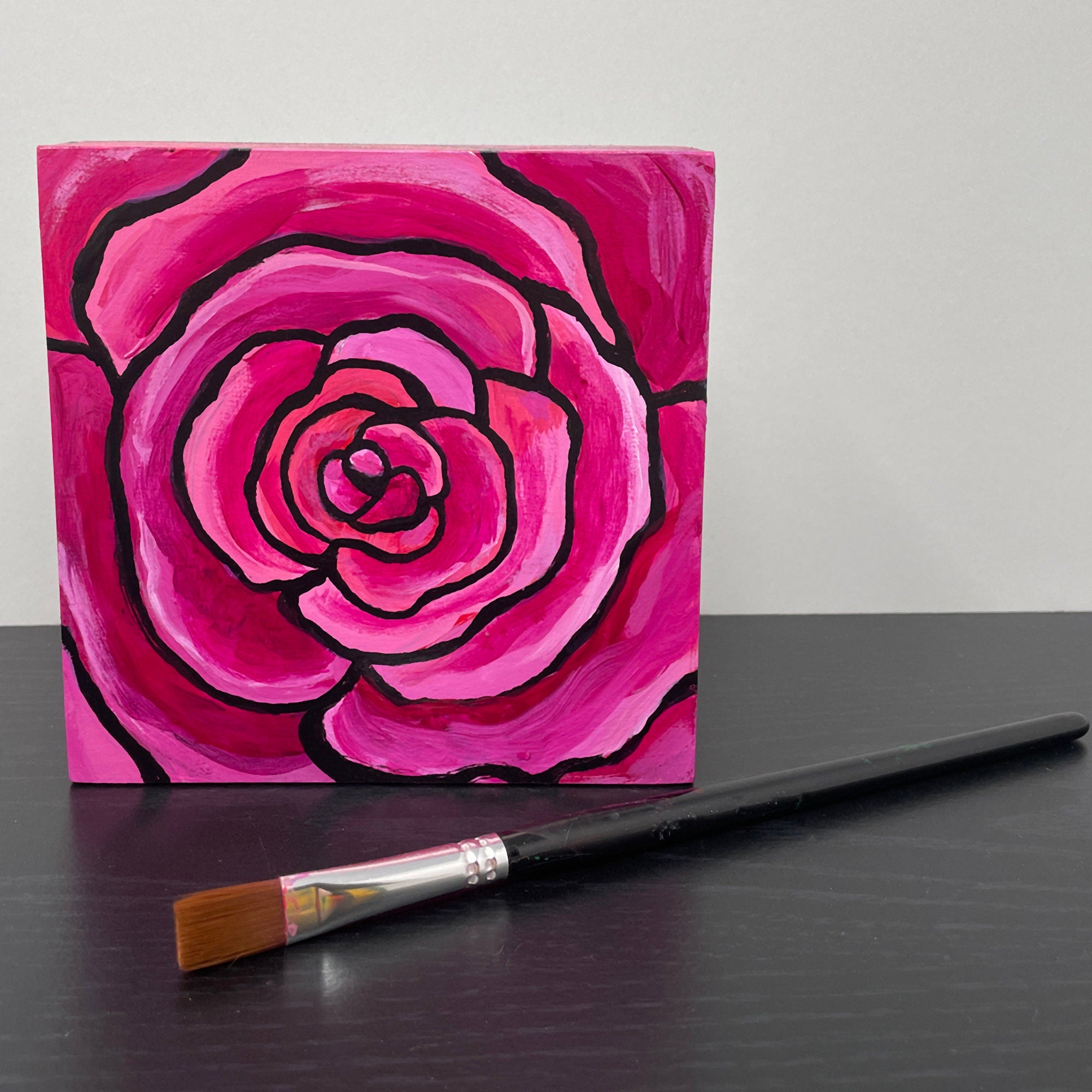 Pink Rose Painting - Original Acrylic Flower Art - Square 5x5 Inches - Cradled Wood Board - Ready to Hang