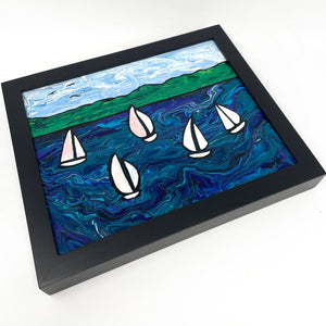 Sailboat Regatta Painting - Original Acrylic Paint Poured Art - Nautical Decor - Framed Sailing Art - 8x10 inches