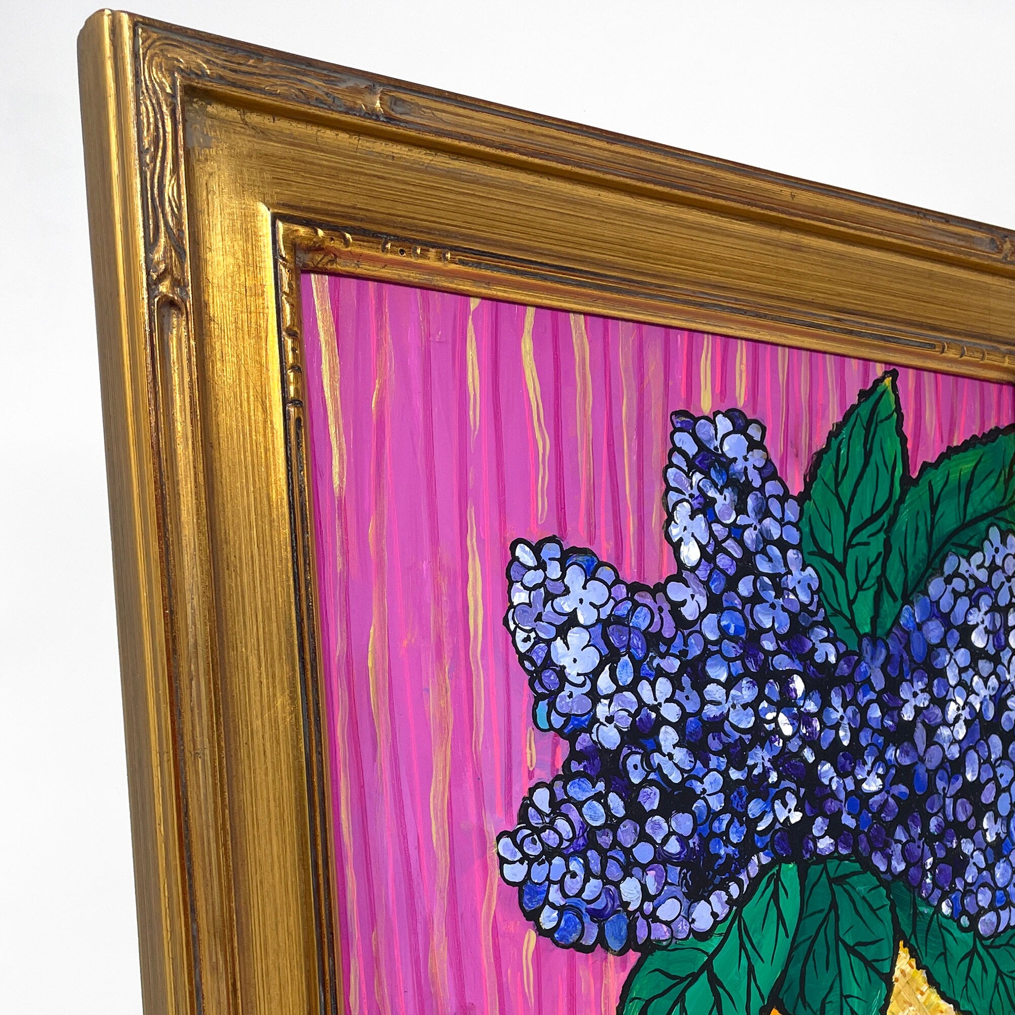 Original Purple Hydrangea Painting - Gold Frame Floral Still Life Painting - 11 x 14 inches - Vibrant Color Hydrangea Blooms in Vase