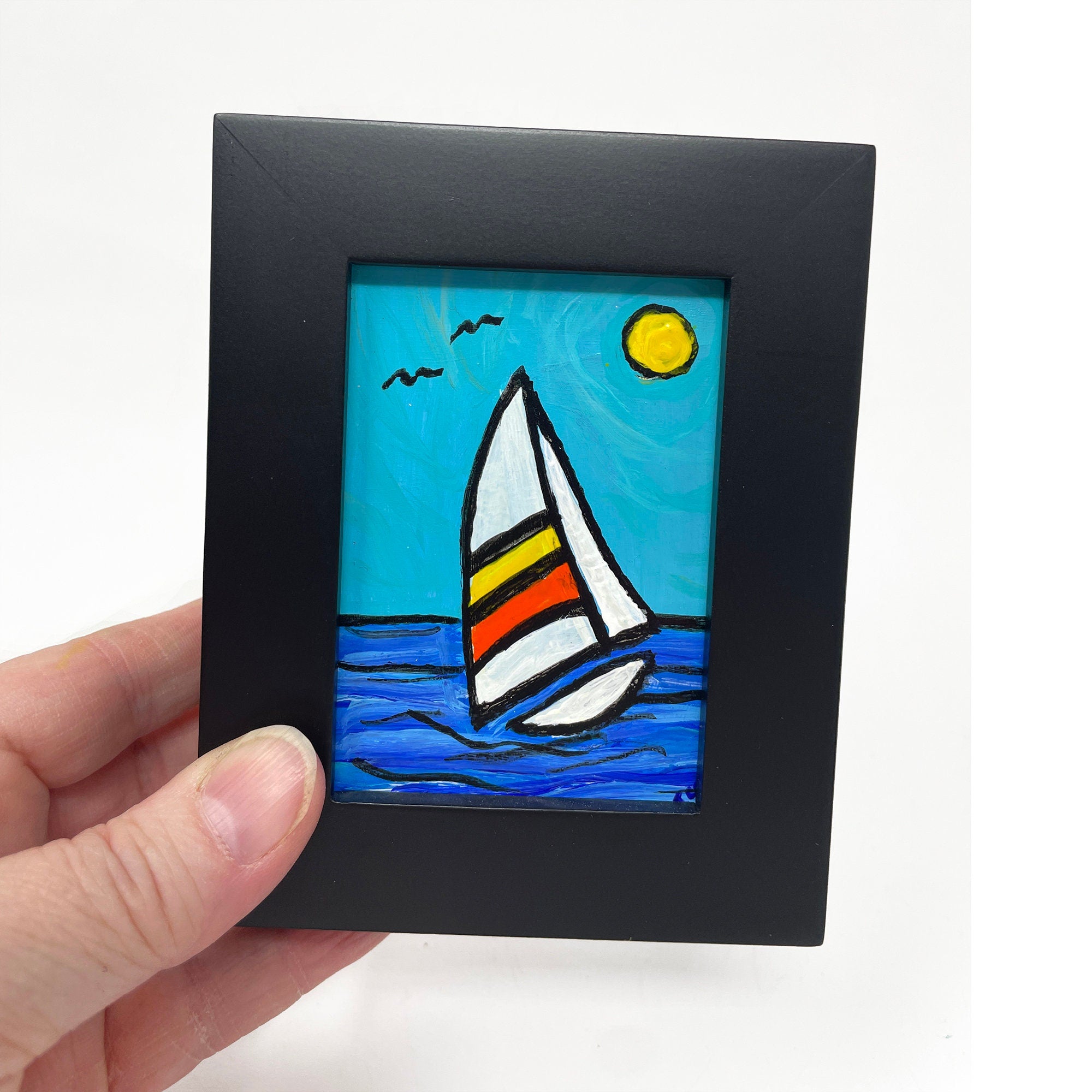 Mini Sailboat Painting in Frame - Original Nautical Art for Desk, Shelf, or Wall - Small Miniature Painting