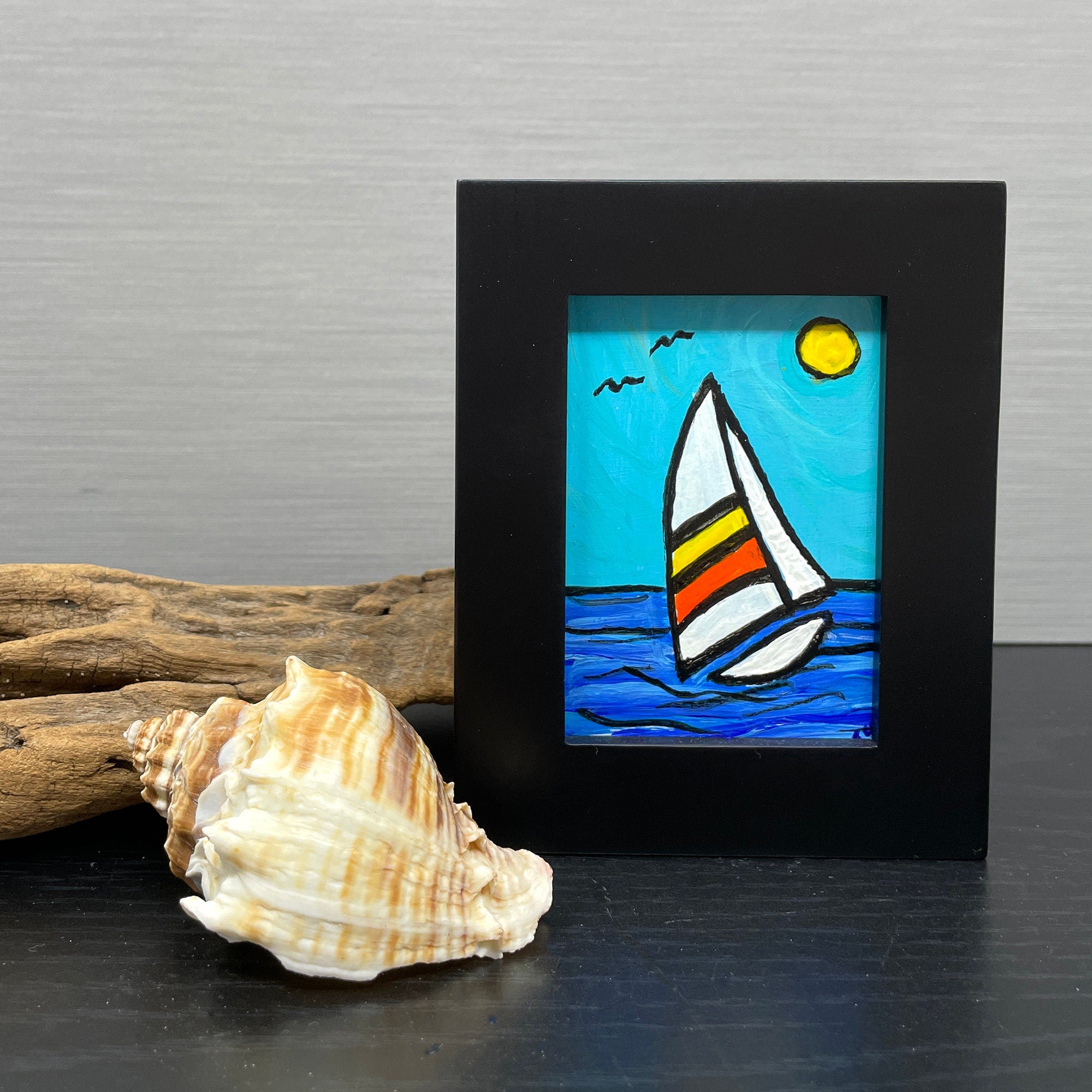 Mini Sailboat Painting in Frame - Original Nautical Art for Desk, Shelf, or Wall - Small Miniature Painting