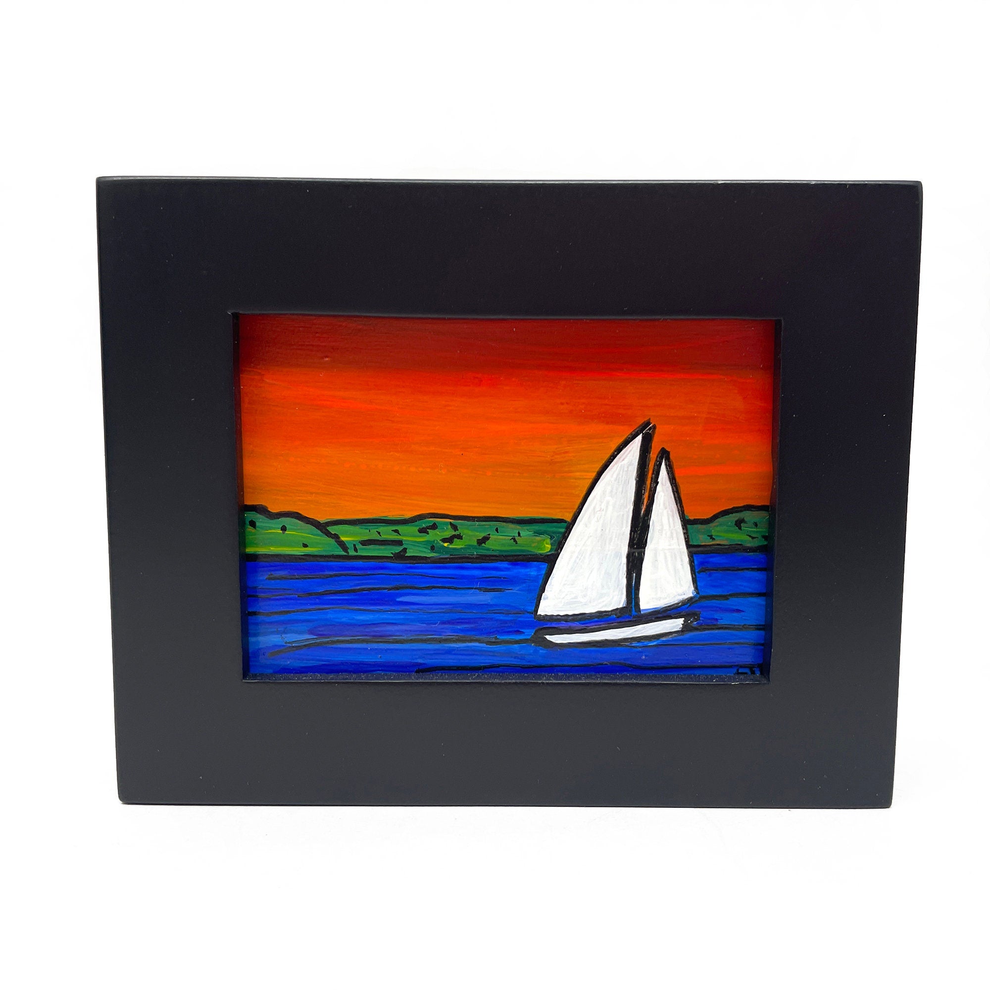Small Bay Sunset Painting - Framed Sailboat Art - Bayscape, Seascape, Nautical Decor for Wall, Desk, or Bookshelf