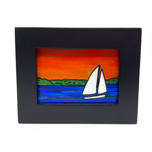 Small Bay Sunset Painting - Framed Sailboat Art - Bayscape, Seascape, Nautical Decor for Wall, Desk, or Bookshelf