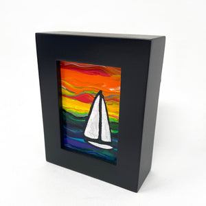 Small Sunset Sailboat Painting in Black Frame - Colorful Nautical Art for Wall, Table, or Desk - Paint Poured Acrylic Painting