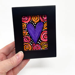 Small Rose Heart Painting - Valentine's Day or Anniversary Gift - Purple Heart Red Roses - Original Mini Painting in Frame for Wall, Shelf