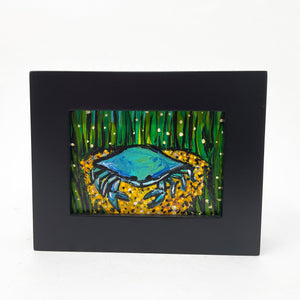 Small Blue Crab Painting - Maryland Virginia Chesapeake Bay Art for Wall, Desk, or Side Table - Framed Mini Crustacean Art