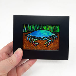 Framed Blue Crab Painting - Mini Crustacean Art - Chesapeake Bay, Maryland, Virginia Decor for Wall, Side Table, Desk Accessory