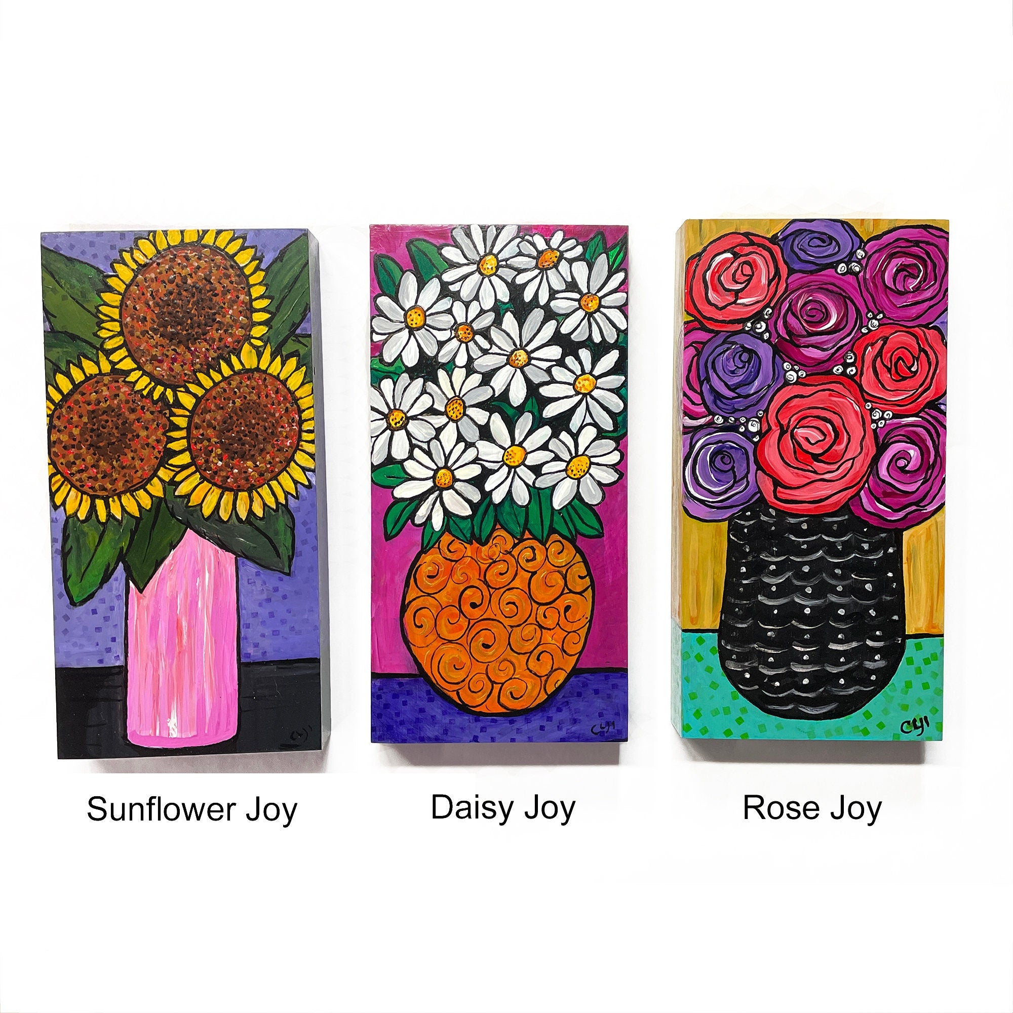 Whimsical Daisy Still Life Painting - Original Flower Art - Cheerful Happy Floral Art - Bold Colors - 6x12 Inches
