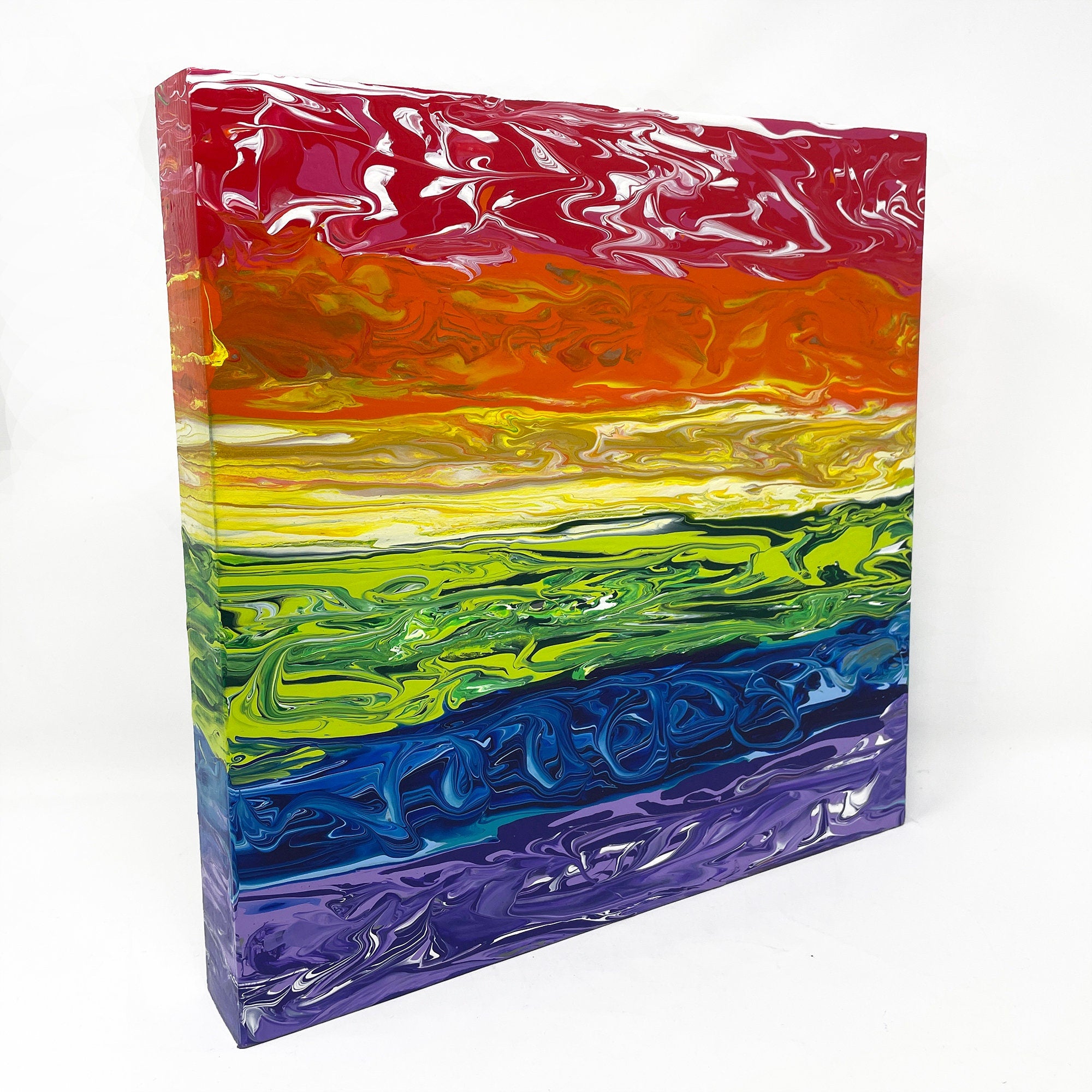 Paint Pour Rainbow Painting - Original Acrylic Painting - Square 12 x 12 inches - Abstract Vibrant Colorful Art