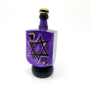 Purple Hand Painted Dreidel with Display Stand - Star of David Draydel with Gift Bag for Hanukkah