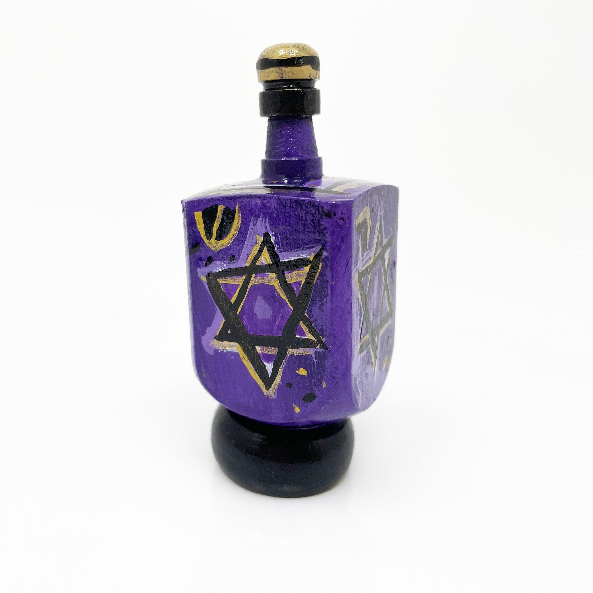 Purple Hand Painted Dreidel with Display Stand - Star of David Draydel with Gift Bag for Hanukkah