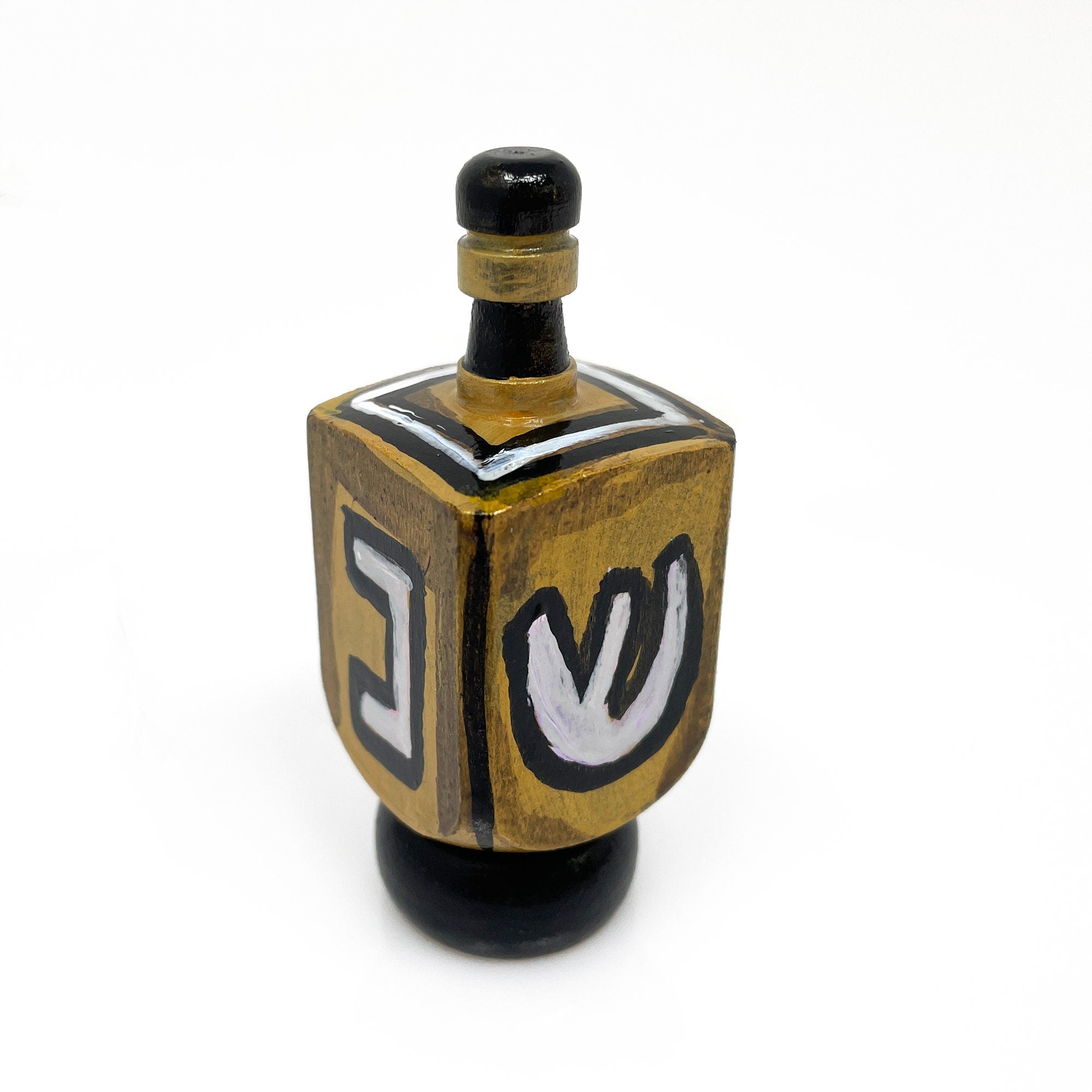 Gold Dreidel with Stand - Wooden Hand Painted Draydel - Sevivon - Hanukkah Gift for Him or Her