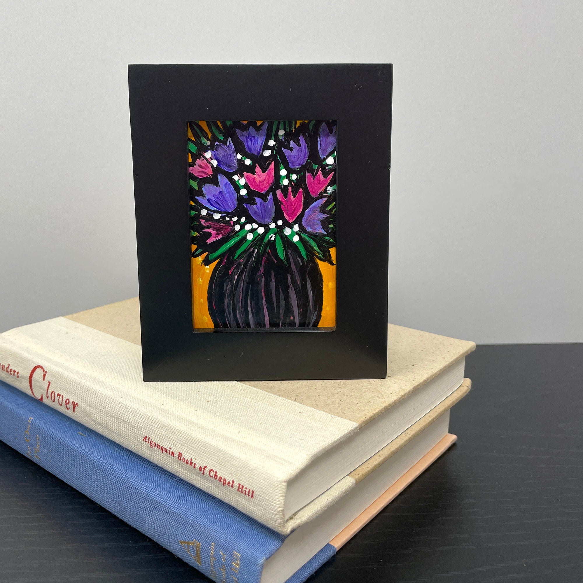 Small Tulip Painting - Pink and Purple Flower Still Life Art - Mini Framed Floral Painting