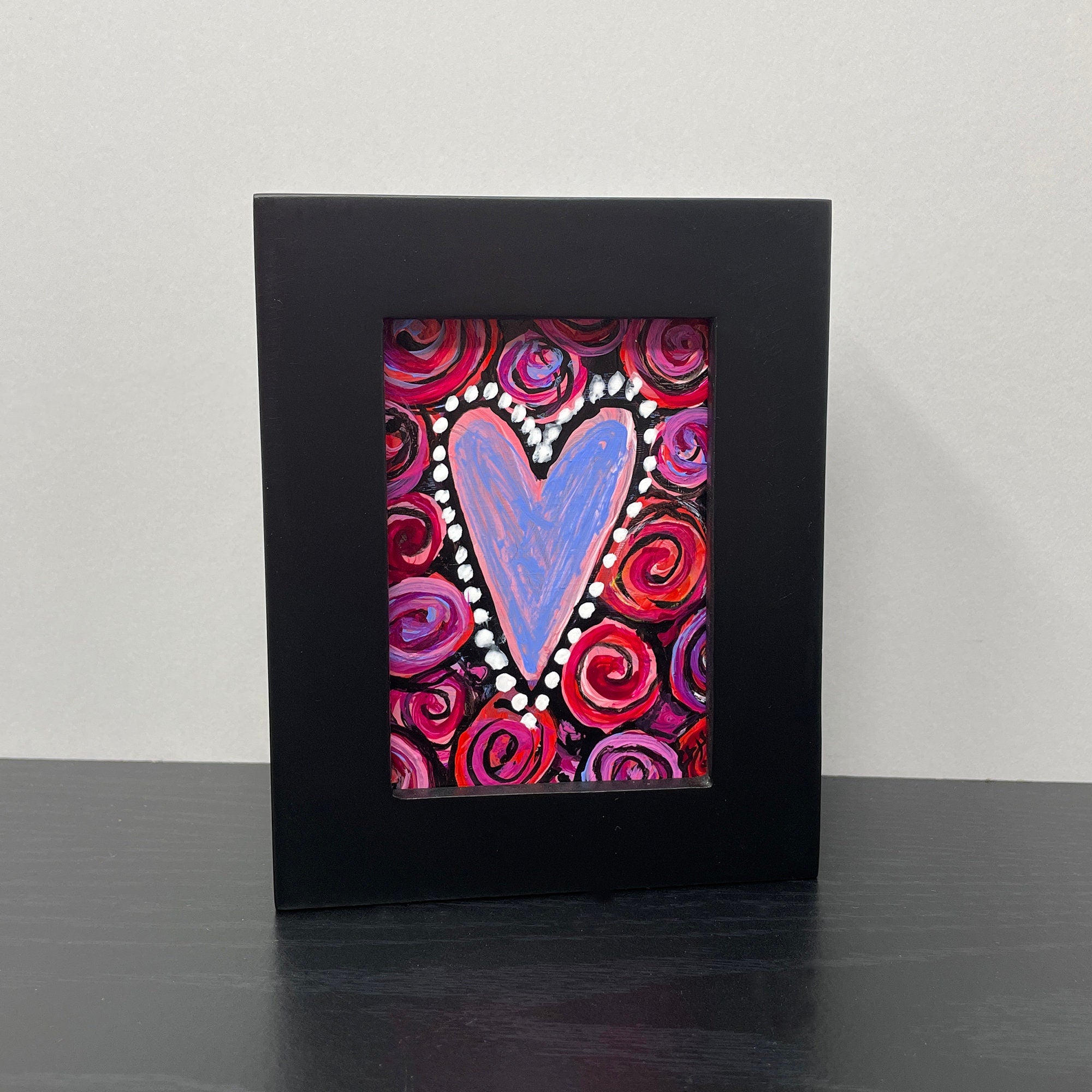 Small Original Heart Painting with Roses - Mini Love Art - Gift for Valentine's Day or Anniversary - Miniature Framed Painting