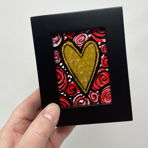 Framed Rose Heart Mini Painting - Original Red and Gold Heart Miniature Art - Valentine's Day, Anniversary, or Love Gift