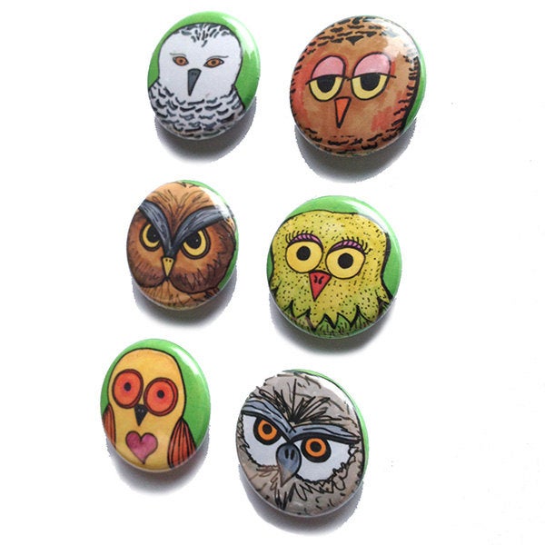 Owl Magnets or Owl Pins - Cute Magnet or Pin Back Button Set