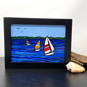 Original Sailboat Art - 5x7 Acrylic Painting in Black Wood Frame - Nautical Decor - Landscape, Seascape, Sailing Gift