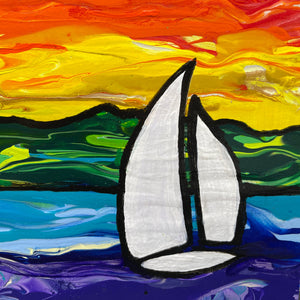 Rainbow Sailboat Painting - Original Acrylic Paint Pour Painting - 5x7 Inches - Nautical Art with Dramatic Sky - Sunrise, Sunset