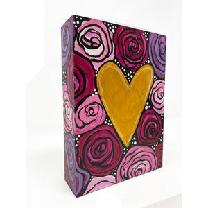 Rose Heart Painting - Heart Art - Anniversary, Love Gift - Gold Heart - Pink, Magenta, Purple, Red, and White Flowers