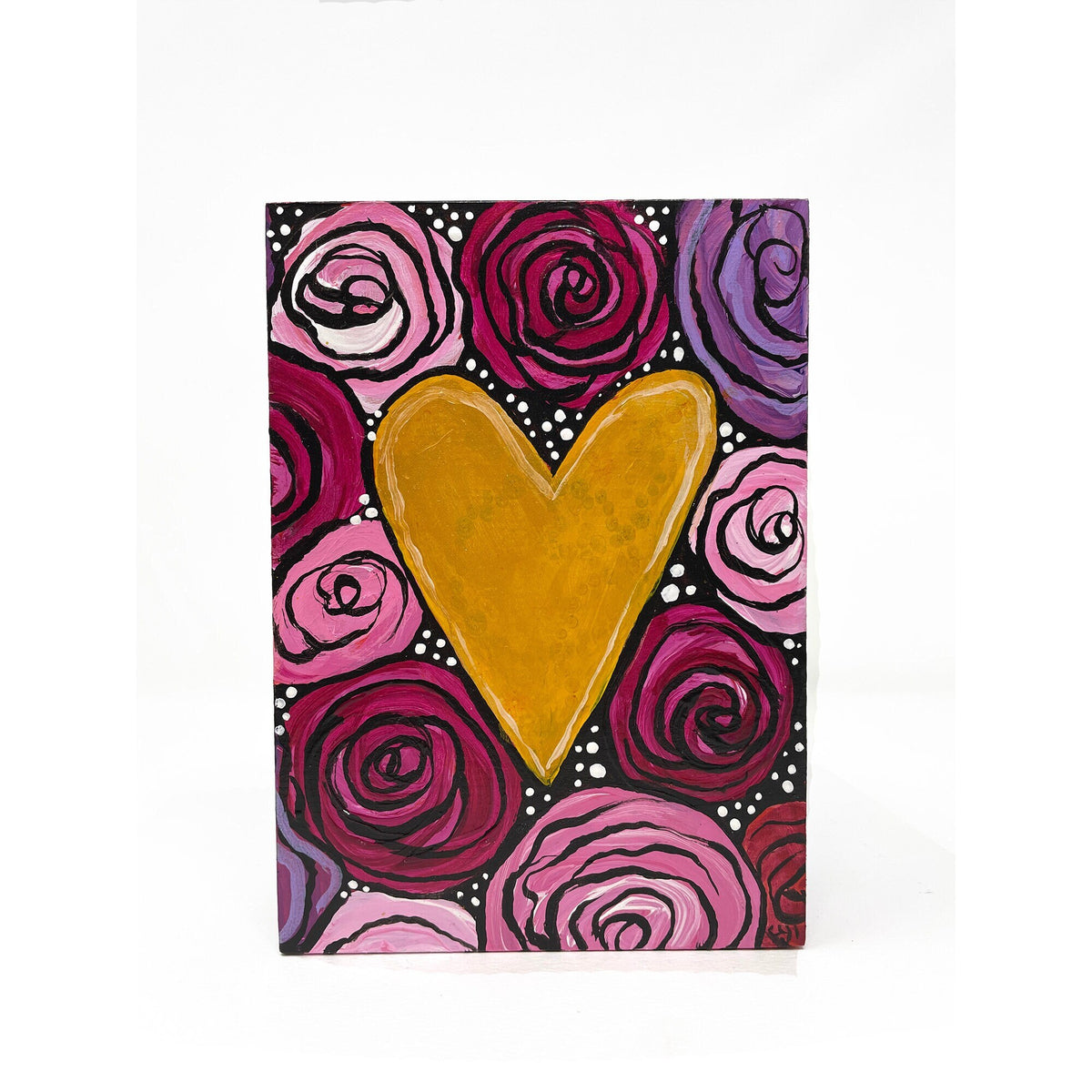 Rose Heart Painting - Heart Art - Anniversary, Love Gift - Gold Heart - Pink, Magenta, Purple, Red, and White Flowers