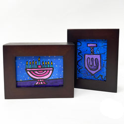 Pair of Hanukkah Mini Paintings - Hanukkah Decoration or Gift - Framed Menorah and Dreidel Art - Judaica, Jewish Art