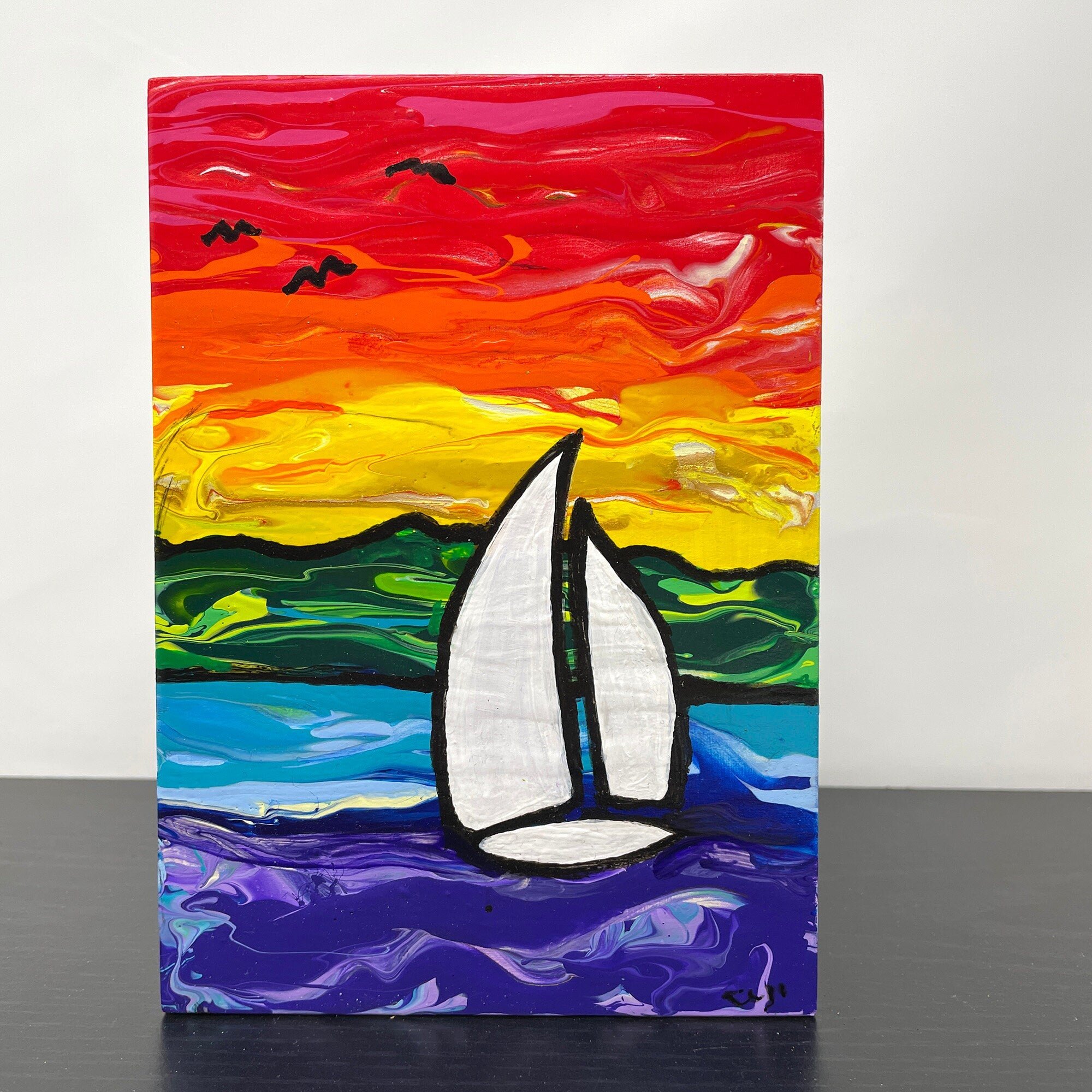 Rainbow Sailboat Painting - Original Acrylic Paint Pour Painting - 5x7 Inches - Nautical Art with Dramatic Sky - Sunrise, Sunset