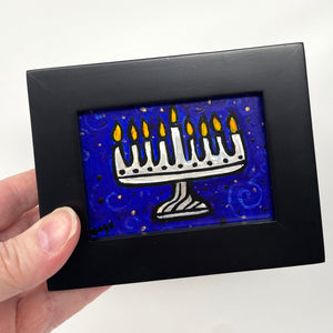 Unique Hanukkah Decoration - Small Menorah Painting in Black Frame - Jewish Gift, Chanukah Decor, Judaica
