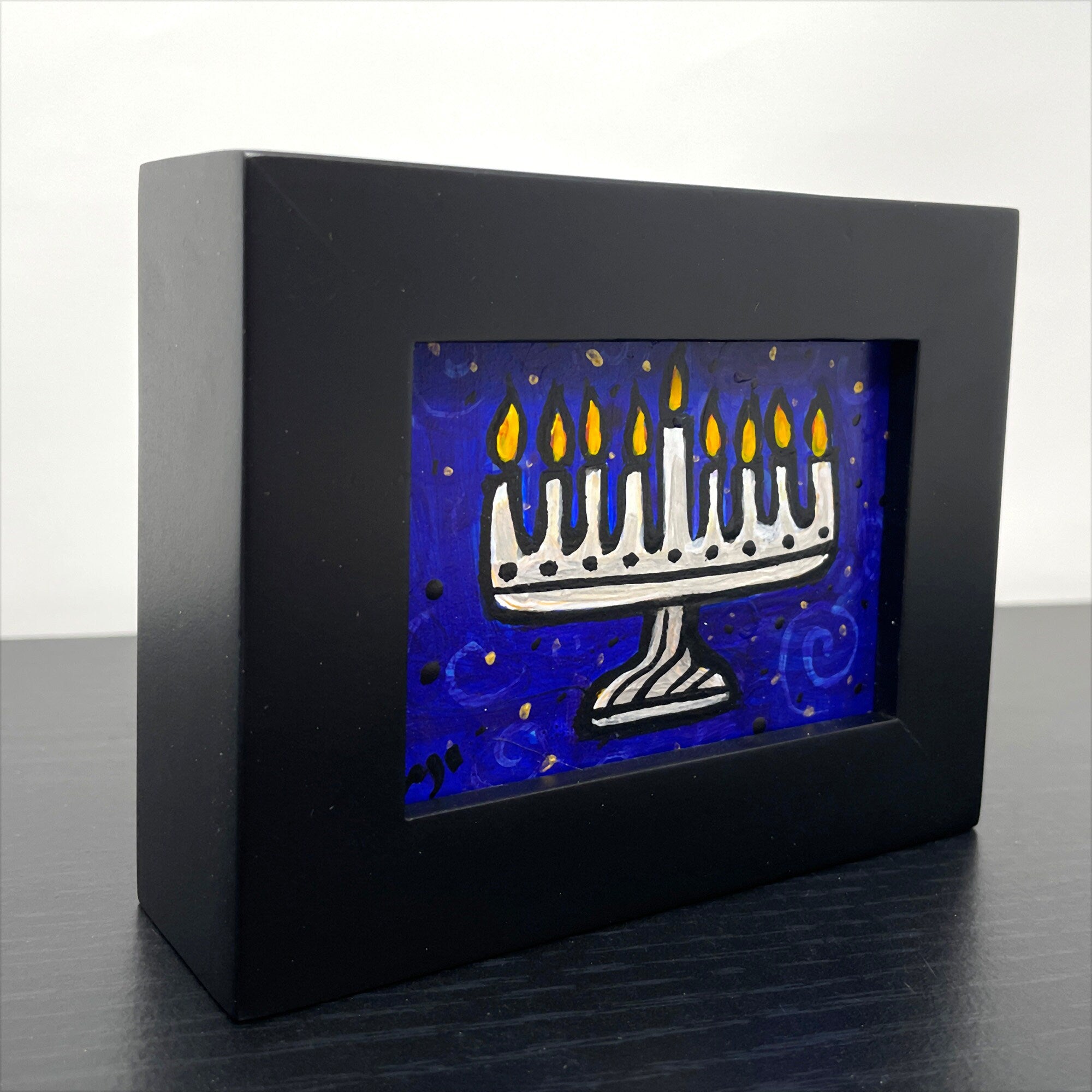 Unique Hanukkah Decoration - Small Menorah Painting in Black Frame - Jewish Gift, Chanukah Decor, Judaica