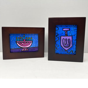 Pair of Hanukkah Mini Paintings - Hanukkah Decoration or Gift - Framed Menorah and Dreidel Art - Judaica, Jewish Art
