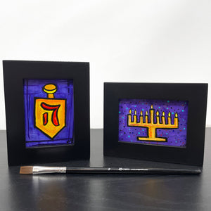 Hanukkah Paintings - Pair of Mini Framed Art for Hanukkah Decoration or Gift - Original Dreidel and Menorah Art, Judaica, Jewish Gift