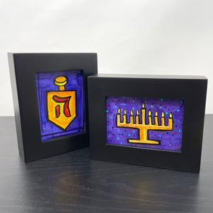 Hanukkah Paintings - Pair of Mini Framed Art for Hanukkah Decoration or Gift - Original Dreidel and Menorah Art, Judaica, Jewish Gift