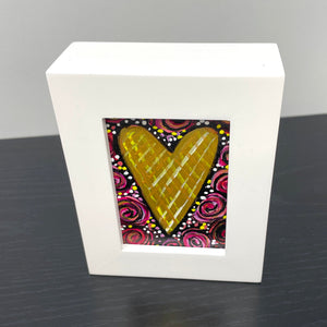 Small Gold Heart Art - Mini Heart Painting in White Frame with Roses - Gift for Her, Anniversary, Valentine's Day, Birthday Love