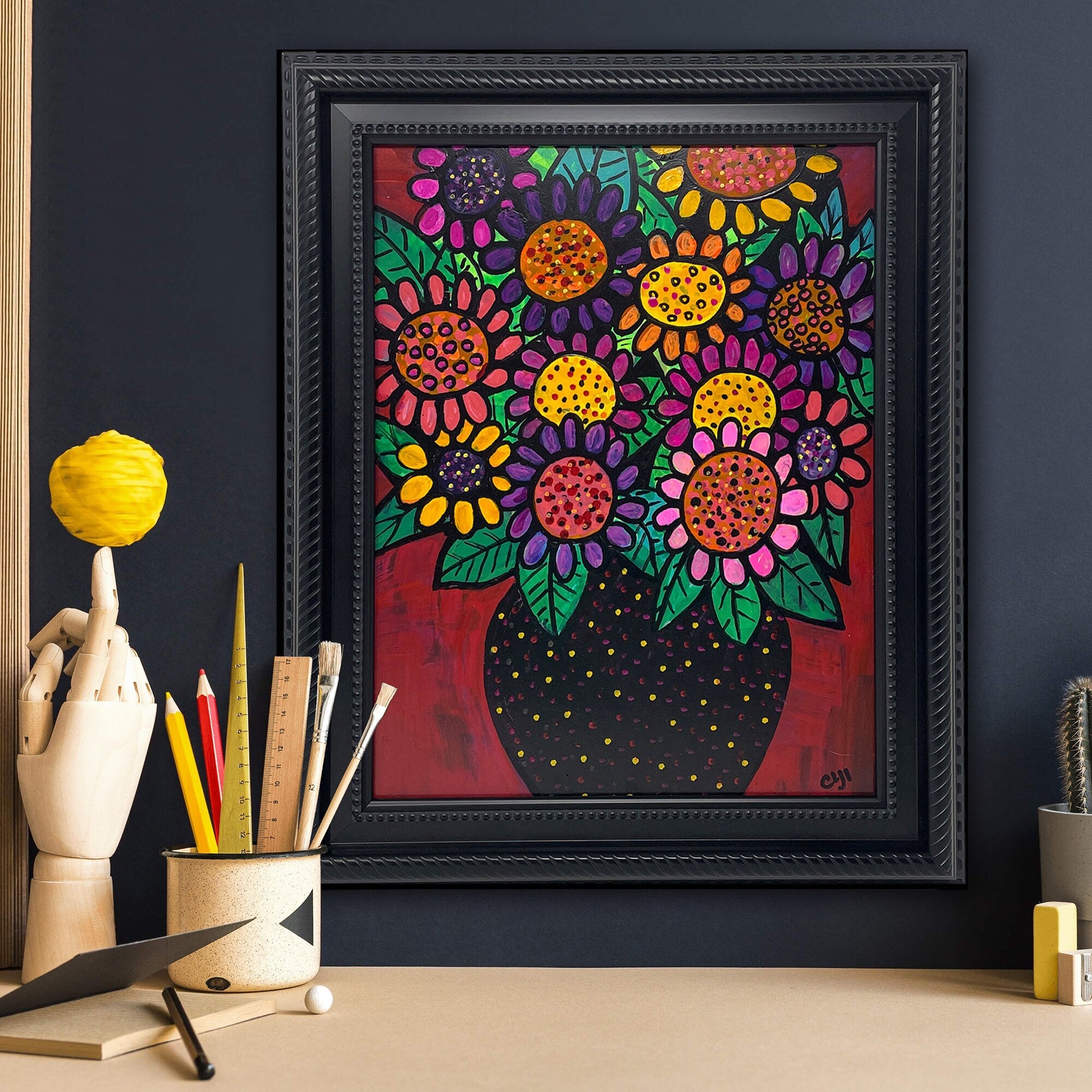 Whimsical Abstract Flower Painting - Original Contemporary Art - Colorful Floral Still Life in Red, Yellow, Purple, Orange, Green, Black