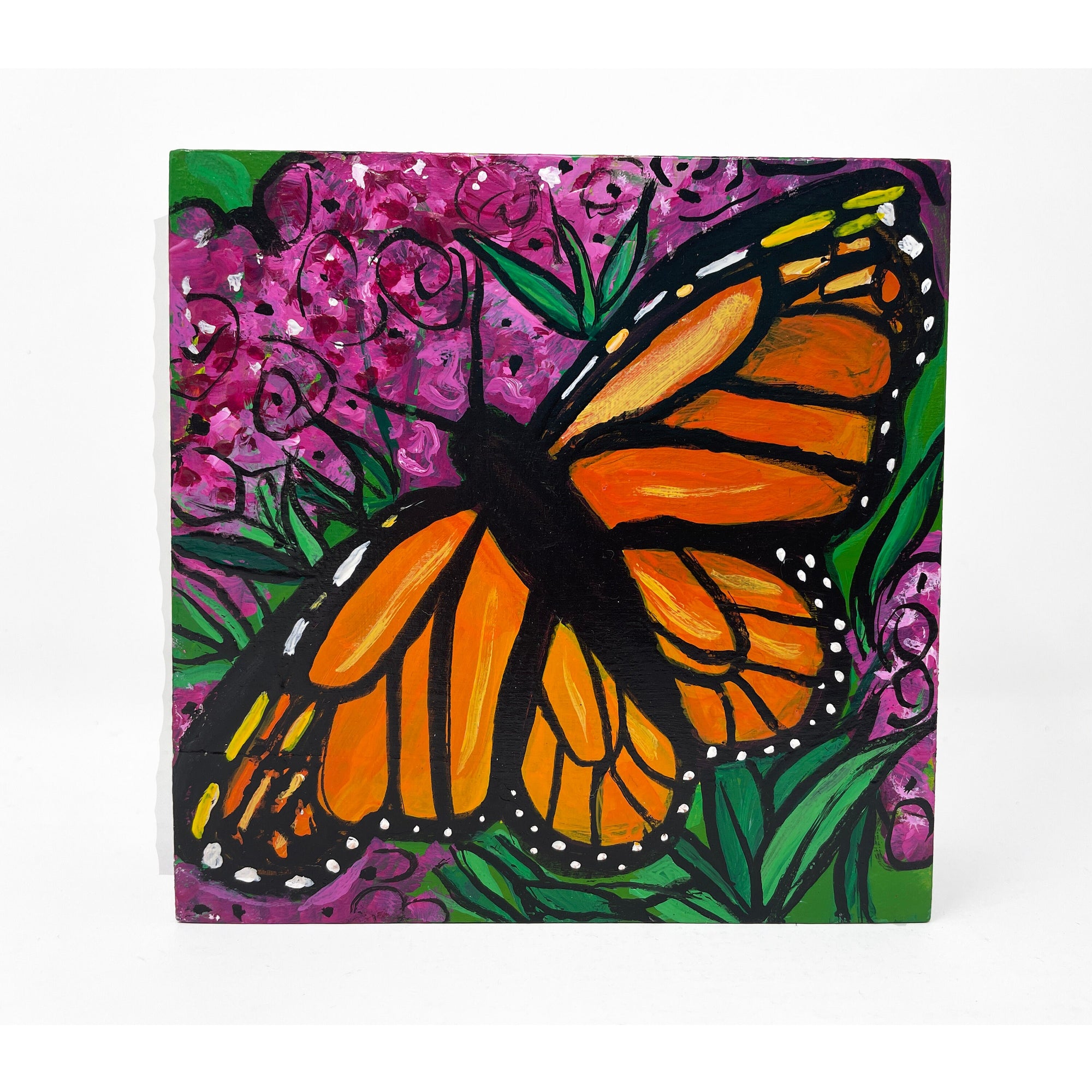Monarch Butterfly Painting - Butterfly on Pink Milkweed Plant - Small Square Painting - 5x5 Inches - Ready to Hang