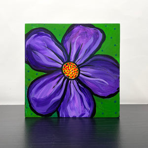Purple Flower Painting - Purple and Green Small Square Art - 5x5 Inches - Ready to Hang