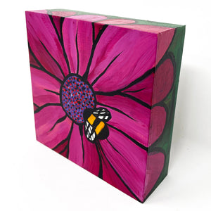Bumblebee Painting - Bumble Bee on Magenta and Purple Zinnia Flower - Pollinator, Honey Bee, Square Art