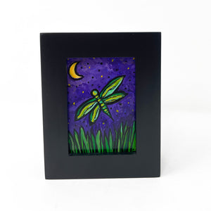 Small Dragonfly Painting - Framed Mini Art for Desk, Shelf, or Wall - Insect Art - Green, Blue, Purple - Dragon Fly Art