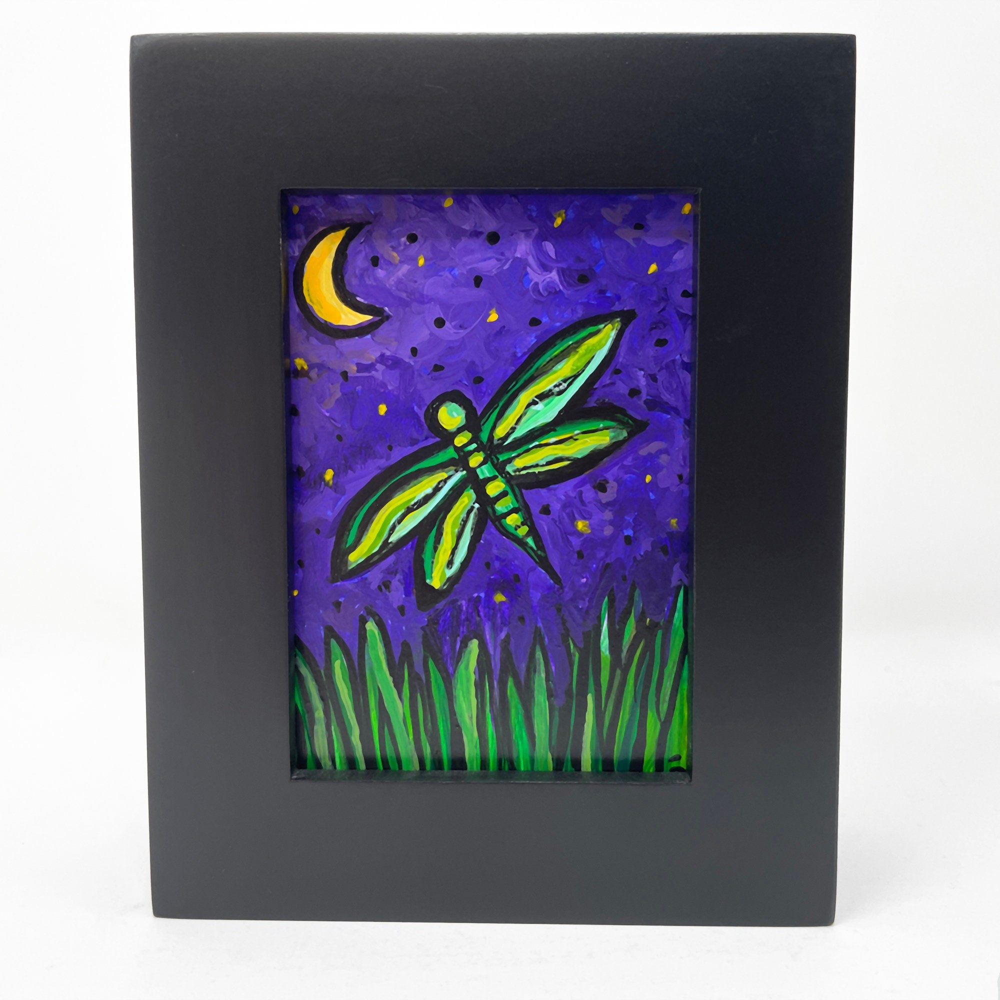 Small Dragonfly Painting - Framed Mini Art for Desk, Shelf, or Wall - Insect Art - Green, Blue, Purple - Dragon Fly Art
