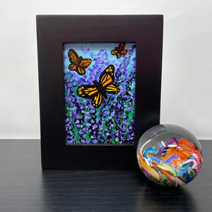 Small Monarch Butterfly Painting - Monarch Butterflies on Lavender - Framed Mini Art for Desk, Shelf, or Wall - Insect, Bug, Flower Art