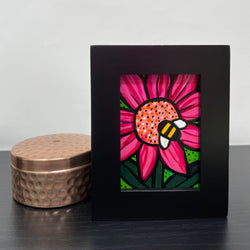Mini Bumblebee Flower Painting - Framed Bumble Bee Art for Desk, Shelf, or Wall - Honey Bee, Insect, Pollinator, Bug - Happy Art