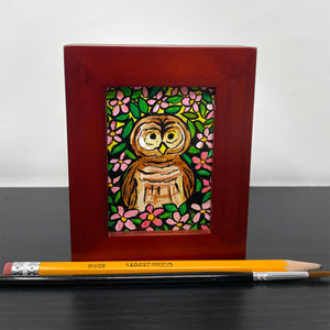 Small Barred Owl Painting in Cherry Wood Frame - Owl is surrounded by pink apple blossoms and green leaves